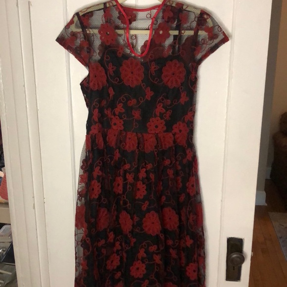 Voodoo Vixen Dresses & Skirts - Voodoo Vixen Sheer Overlay Red Embroidered Cap Sleeve Fit and Flare Dress 12